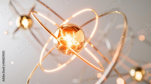 A detailed view of a metal atom with a radiant core, designed for use in educational science kits