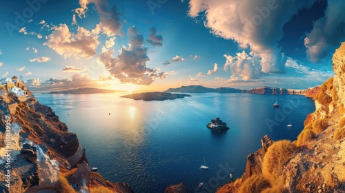 Stunning morning panorama of Santorini island. Splendid spring sunrise on famous Greek resort Oia, Greece, Europe. Traveling concept background. Artistic style post processed photo. 