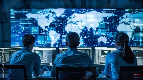 A group of cybersecurity experts monitoring realtime data to detect and respond to potential cyber threats