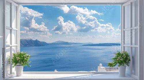 View through an open window of the Aegean Sea, caldera and town of Oia and Thira on the island of Santorini Greece. 