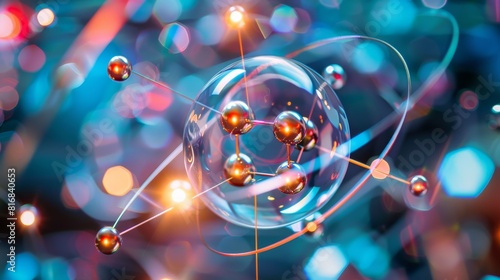 A metal atom model with a brightly shining core, illustrating concepts in quantum physics
