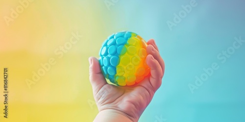 A child's hand holding a colorful, squishy stress ball.