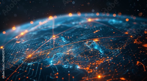a close up of the earth with glowing connections between cities on it, concept art, orange and blue colors, dark background, light streaks, global network theme, global internet technology