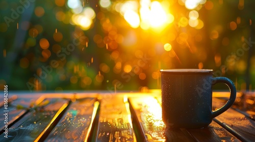 Coffee mug on an outdoor table during a bright morning, focus on the mug, crisp and clear morning, double exposure silhouette with morning dew