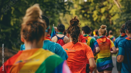 Community members participating in a charity run, with subtle Pride flags on their shirts