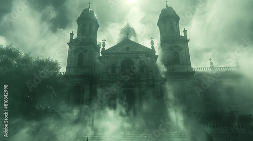 Mysterious fog surrounds an old cathedral with twin towers under a cloudy sky, creating a haunting atmosphere.