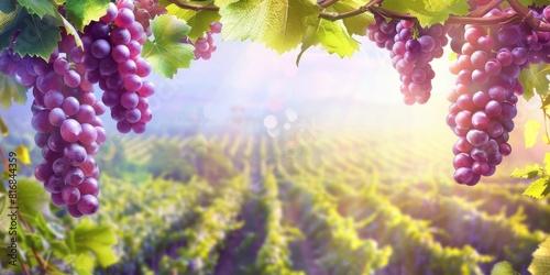 Closeup of a bountiful harvest of purple grapes on the vine against a blurred background of a lush vineyard