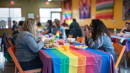 A community center hosts a potluck dinner to celebrate diversity, with a rainbow tablecloth adorning the main table