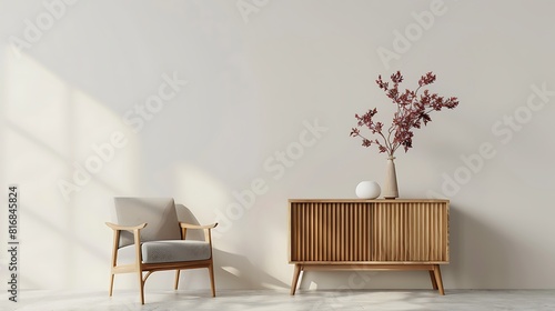 Modern interior design mockup with an armchair and wooden cabinet on a light wall background, a vase of flowers in the style of modern Scandinavian home decor