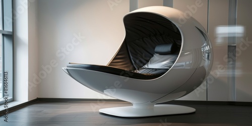The image shows a white futuristic chair that looks like a spaceship