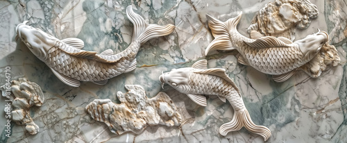 panel wall art, marble background with Pisces designs , wall dec