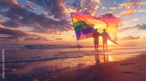 A serene early morning on a deserted sandy beach, with a single traveler walking along the shoreline, the calm ocean waves gently lapping at their feet, shot in soft dawn light, pride flag