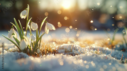 Experience the enchanting sight of snowdrops amidst melting snow, signaling the onset of spring. AI generative.