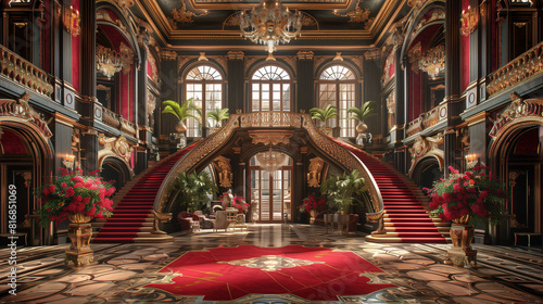 Luxurious grand hall with opulent staircase, chandeliers, and elegant decor
