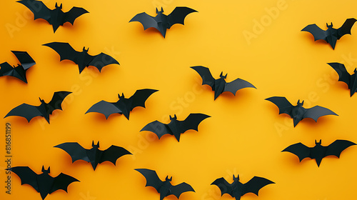 Paper black bats arranged on yellow background. Halloween background