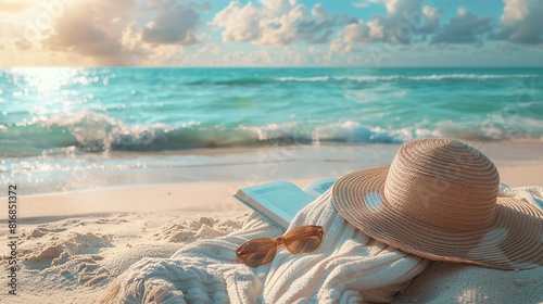 An artistic composition of a sunhat, sunglasses, and a novel lying on a beach chair, with the calm ocean stretching out behind, offering a tranquil background with space for inspirational text,