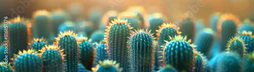 A cluster of vibrant green cacti stands against a blurred bokeh background in natural sunlight.