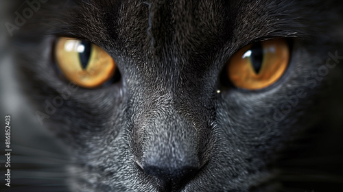Close-up of a gray cat's face focusing on its intense yellow eyes, with detailed fur texture.