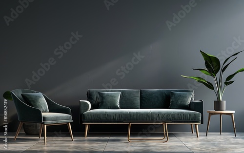 Modern interior design of a living room with a sofa, armchair and coffee table in the style of scandinavian