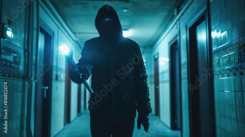 A man in a hoodie holding a knife in a hallway. Suitable for crime and danger themes