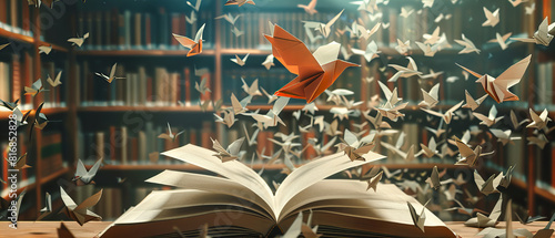 A featuring futuristic paper birds flying out of an open book. This image captures a sense of creativity and imagination, blending the concepts of nature and technology.