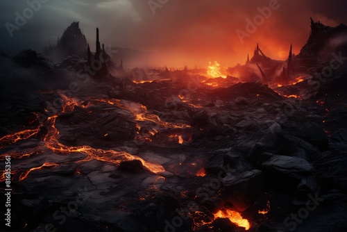 A large fire engulfs a rocky landscape, creating a dramatic and dangerous scene. Generative AI