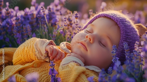 Tranquil baby naps peacefully amid purple lavender, bathed in a warm sunset glow