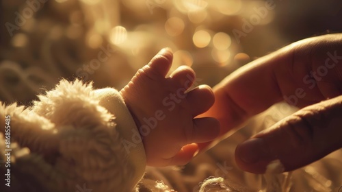 A baby's hand touches an adult's finger.