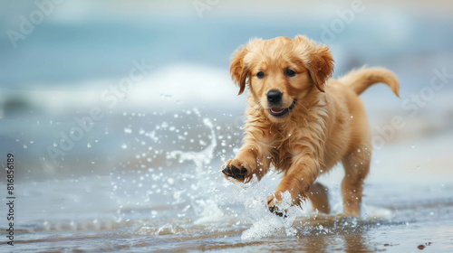 A joyful Golden Retriever playing on the beach is the highlight of this colorful 4K photo. The image perfectly captures the essence of summer fun and pet companionship. AI generative.