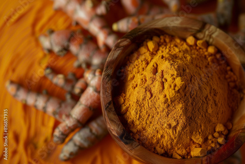 Vibrant turmeric powder in a wooden bowl beside fresh curcuma roots, evoking exotic spices and healthy culinary ingredients
