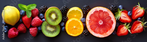 Sliced and whole citrus fruits, including oranges, lemons, and grapefruits, arranged on a vibrant multicolored background with a single strawberry accent.