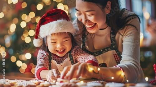 Asian mother and child wearing Christmas clothes, cooking and decorating cookies