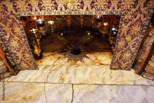 Bethlehem, Israel, mark of the birthplace of Jesus Christ by the Blessed Virgin Mary in Bethlehem, beneath altar in the Nativity Grotto. 