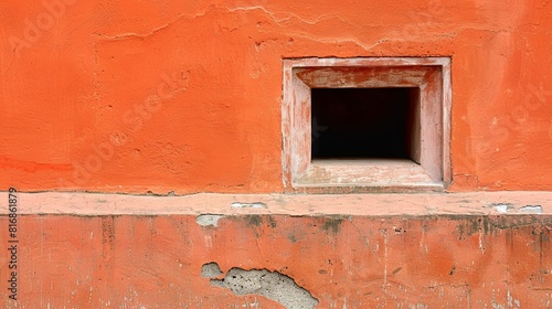 Vibrant orange textured wall with a small square window