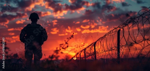 A soldier stands guard, superimposed on a barbed wire fence, symbolizing the challenges of maintaining peace and security