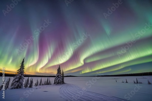 Paisaje frio invernal de un río rodeado de nieve con la aurora boreal y luces del norte en el cielo