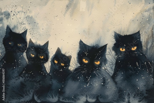 A realistic painting of several black cats. Suitable for various design projects