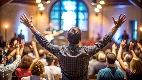 Man raising hands in worship in the church