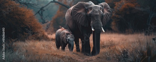 An adult elephant and a calf walking together in nature