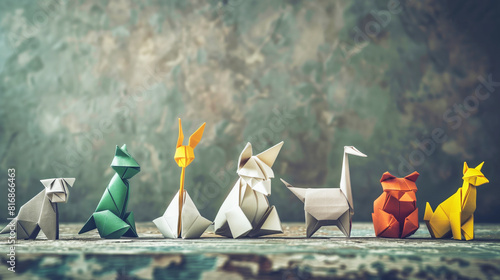 A collection of colorful origami animal figures displayed in a row on a wooden surface against a muted background, showcasing artistic paper folding techniques.