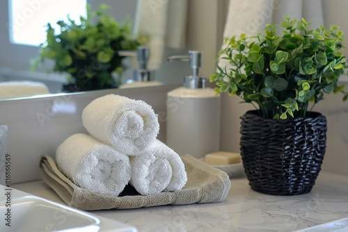 Potted artificial plants, rolled towels and soap near sink on bathroom vanity. Clean soft towels, bathroom interior,