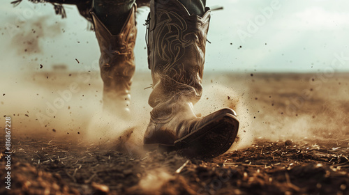 Close-up of a person wearing cowboy boots walking through a dusty field, creating a dramatic effect with flying dirt and dust particles.