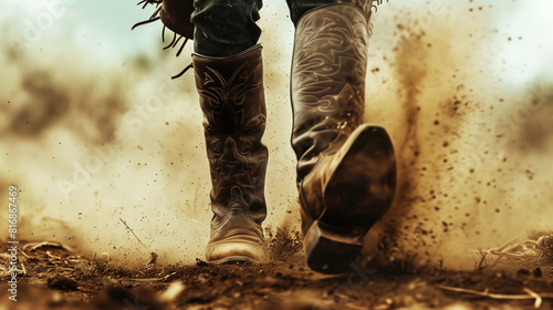 Dynamic image of cowboy boots in action, dust swirling around as they stride forward.