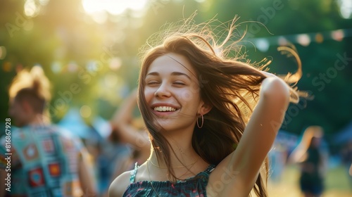 A captivating shot of a young woman tossing her hair back in euphoria while enjoying a festival with friends