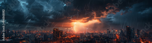 A powerful storm unleashes heavy rain and gusty winds, causing debris to swirl through the air over a darkened cityscape.