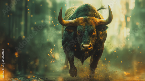 A bull is running through a forest with a lot of fire and smoke