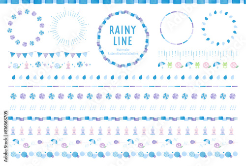 梅雨の水彩風ラインセット / パターンブラシ有り / 飾り罫、線、イラスト、あしらい、フレーム、素材、自然、梅雨、あじさい、花、植物