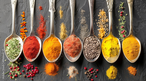 Assortment of colorful spices in vintage spoons on dark slate background, highlighting culinary variety.