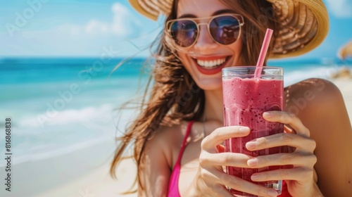 Young woman with berry smoothie on the beach