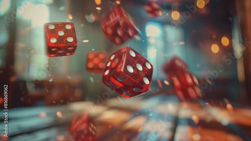 Dynamic scene of multiple red dice with white dots, appearing to be in mid-air against a blurred background